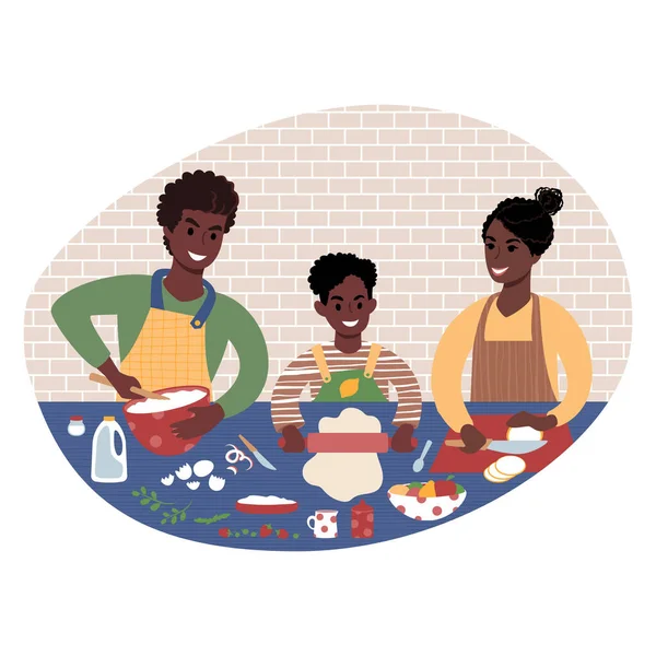 Счастливая семья готовит еду вместе. Плоская иллюстрация. — стоковый вектор