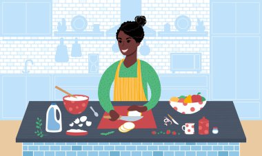 Genç Afrikalı kadın yemek hazırlıyor. Düz biçim vektör illüstrasyonu.