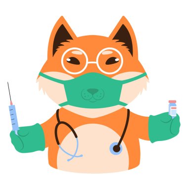 Şırınga ve ilaç şişesiyle maske takmış şirin bir kırmızı tilkinin vektör çizimi