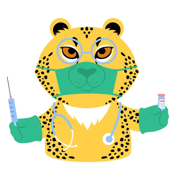 Vector illustration of a cute cartoon cheetah in a face mask with a syringe and vial of medicine — Διανυσματικό Αρχείο