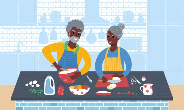 Happy senior african couple cooking a meal together. Flat style vector Illustration. — Διανυσματικό Αρχείο