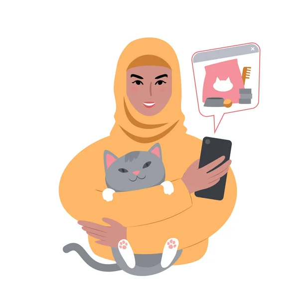Молодая женщина в платке с милым котом, заказывающая товары для домашних животных онлайн со смартфона. — стоковый вектор
