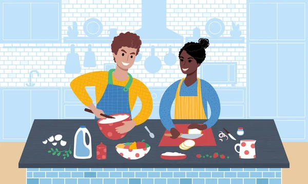 Genç, gülümseyen bir çift yemek hazırlıyor. Düz biçim vektör illüstrasyonu.