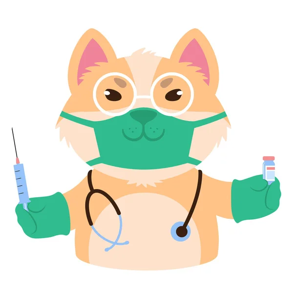 Vector illustration of a cute cartoon dog in a face mask with a syringe and vial of medicine — Διανυσματικό Αρχείο