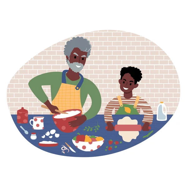 Παππούς και εγγονός ετοιμάζουν γεύμα μαζί. Επίπεδη απεικόνιση στυλ. — Διανυσματικό Αρχείο