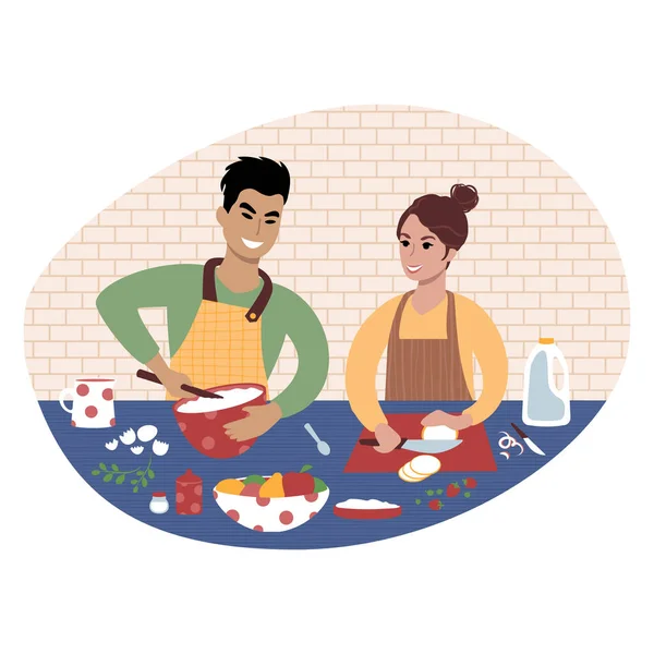 Jong stel bereidt samen eten voor. Platte stijl illustratie — Stockvector