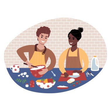 Genç çift birlikte yemek hazırlıyor. Düz biçim illüstrasyonu