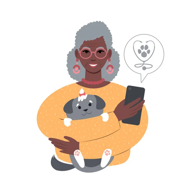 Starsza afrykańska kobieta z małym psem szuka weterynarza online ze smartfona. — Wektor stockowy