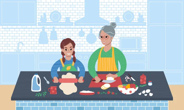 Abuela y nieta preparando la comida juntos. Ilustración de vector de estilo plano. — Vector de stock