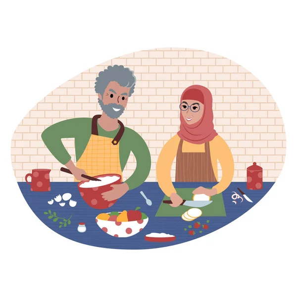 Το ηλικιωμένο ζευγάρι ετοιμάζει φαγητό μαζί. Επίπεδη απεικόνιση στυλ — Διανυσματικό Αρχείο