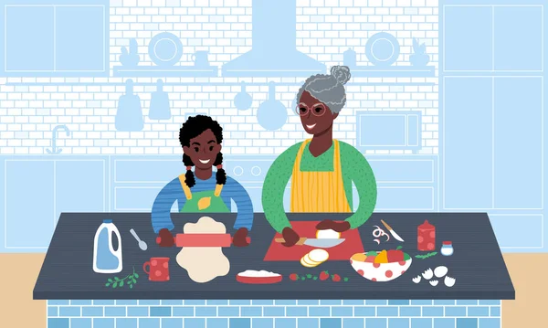 Afrikaanse grootmoeder en kleindochter bereiden samen eten. Platte stijl vector illustratie. — Stockvector
