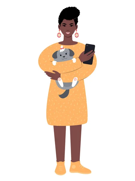 Молодая африканская женщина с собакой и мобильным телефоном. — стоковый вектор