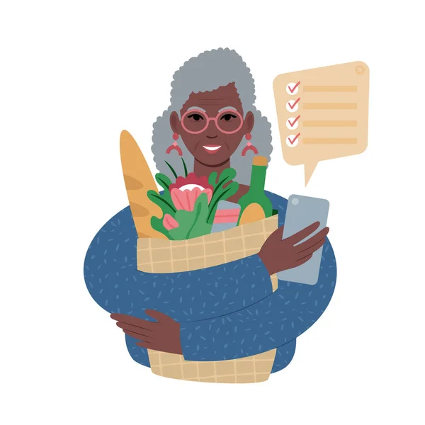 Mujer africana mayor con bolsa de comestibles y una lista de compras en un teléfono inteligente. — Vector de stock