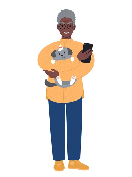 Старший Современный Африканский Мужчина Собакой Мобильным Телефоном — стоковый вектор