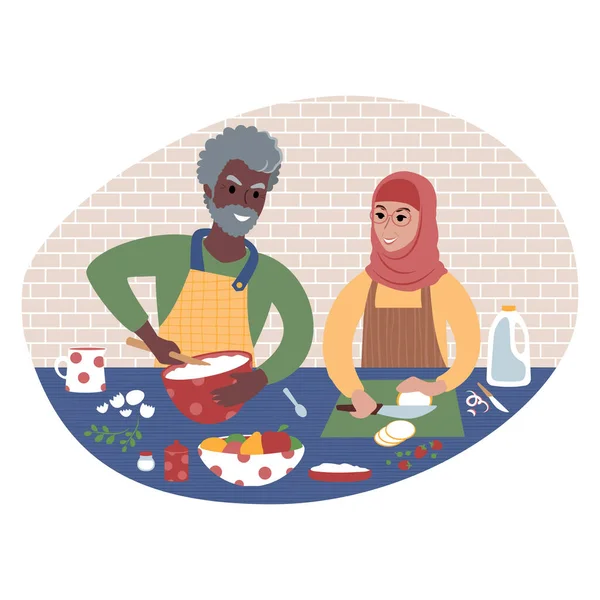 Το ηλικιωμένο ζευγάρι ετοιμάζει φαγητό μαζί. Επίπεδη απεικόνιση στυλ — Διανυσματικό Αρχείο