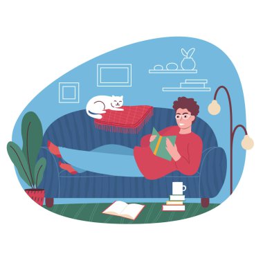 Evdeki kanepede kitap okuyan genç bir adam. Vektör illüstrasyonu.