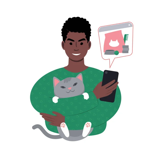 Молодой африканский мужчина с симпатичной кошкой, заказывающий товары для домашних животных онлайн со смартфона. — стоковый вектор
