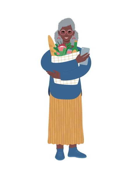 Современная пожилая африканская женщина с сумкой и мобильным телефоном. — стоковый вектор
