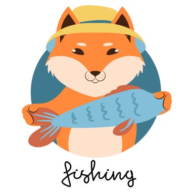 Balıkçılık imzalı şapkalı şirin bir tilkinin vektör çizimi.