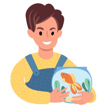 Elinde süs balığı olan beyaz bir çocuk. Düz Biçim İllüstrasyonu