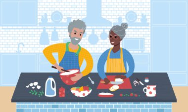 Birlikte yemek pişiren mutlu son sınıf çifti. Düz biçim vektör illüstrasyonu.