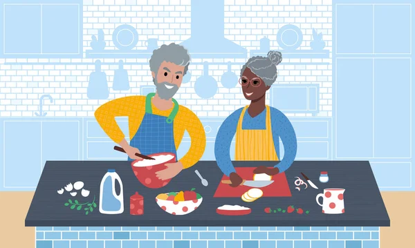 Birlikte yemek pişiren mutlu son sınıf çifti. Düz biçim vektör illüstrasyonu.