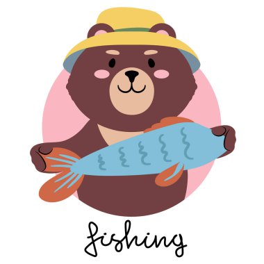 Vector illustration of a cute cartoon teddy bear in a hat with a fish signed fishing