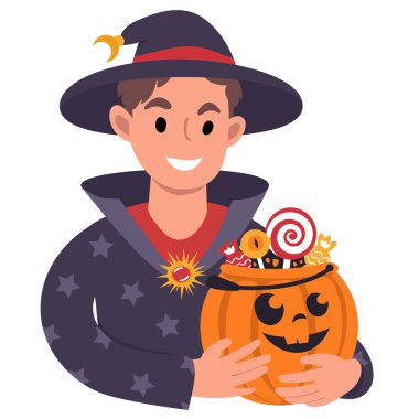 Caucasian boy with halloween pumpkin dressed as a wizard. Flat style Illustration