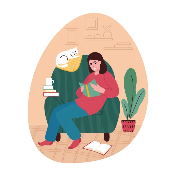 Νεαρή γυναίκα σε μια πολυθρόνα στο σπίτι διαβάζει ένα βιβλίο. Εικονογράφηση διανύσματος. — Διανυσματικό Αρχείο