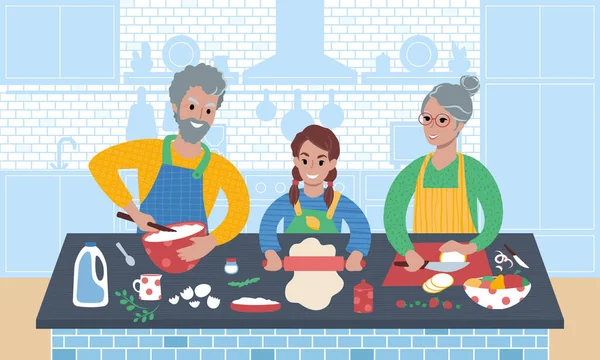 I nonni cucinano il cibo insieme con nipote. Illustrazione in stile piatto. Vettoriale Stock