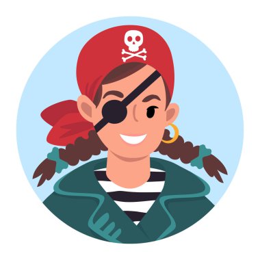 Korsan kostümü giymiş beyaz bir kız. Düz Biçim İllüstrasyonu