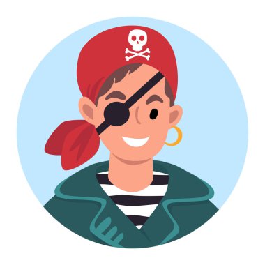 Korsan kostümü giymiş beyaz bir çocuk. Düz Biçim İllüstrasyonu