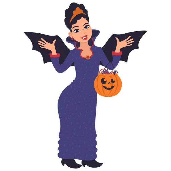 Mulher caucasiana com abóbora de Halloween vestida de vampira. Ilustração de estilo plano —  Vetores de Stock