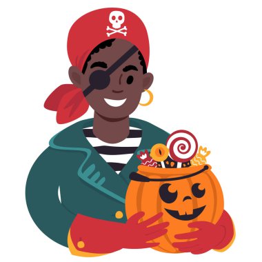 Cadılar bayramı balkabaklı Afrikalı çocuk korsan gibi giyinmiş. Düz Biçim İllüstrasyonu