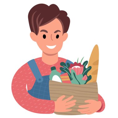 Elinde kese kağıdıyla beyaz bir çocuk. Düz Biçim İllüstrasyonu