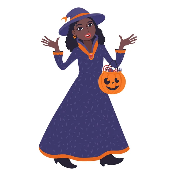 African woman with halloween pumpkin dressed as a witch. Flat style Illustration — Stock Vector