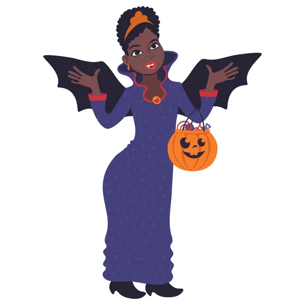Африканська жінка з гарбузом на Хеллоуїн одягнена як вампір. Плоский стиль Ілюстрація Ліцензійні Стокові Ілюстрації