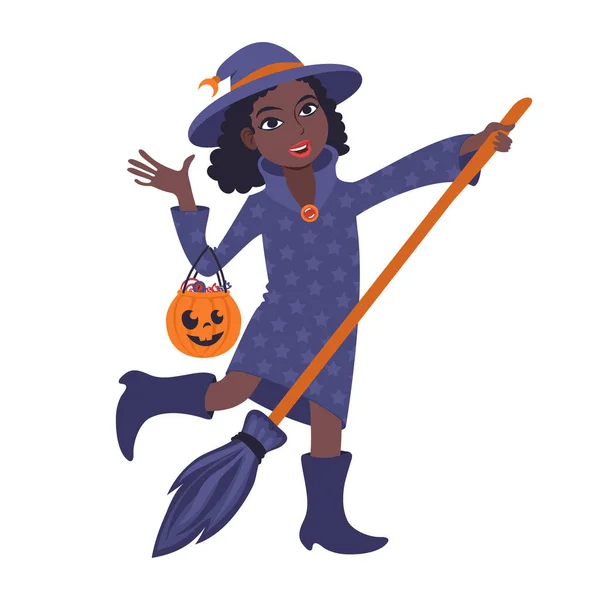 Donna africana con zucca di Halloween vestita da strega. Illustrazione in stile piatto Illustrazione Stock