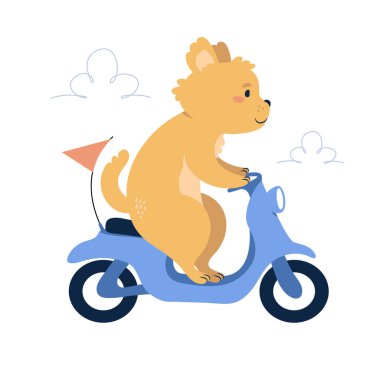 Motosikletli bir köpek. Sevimli hayvan karakter vektörü çizimi.