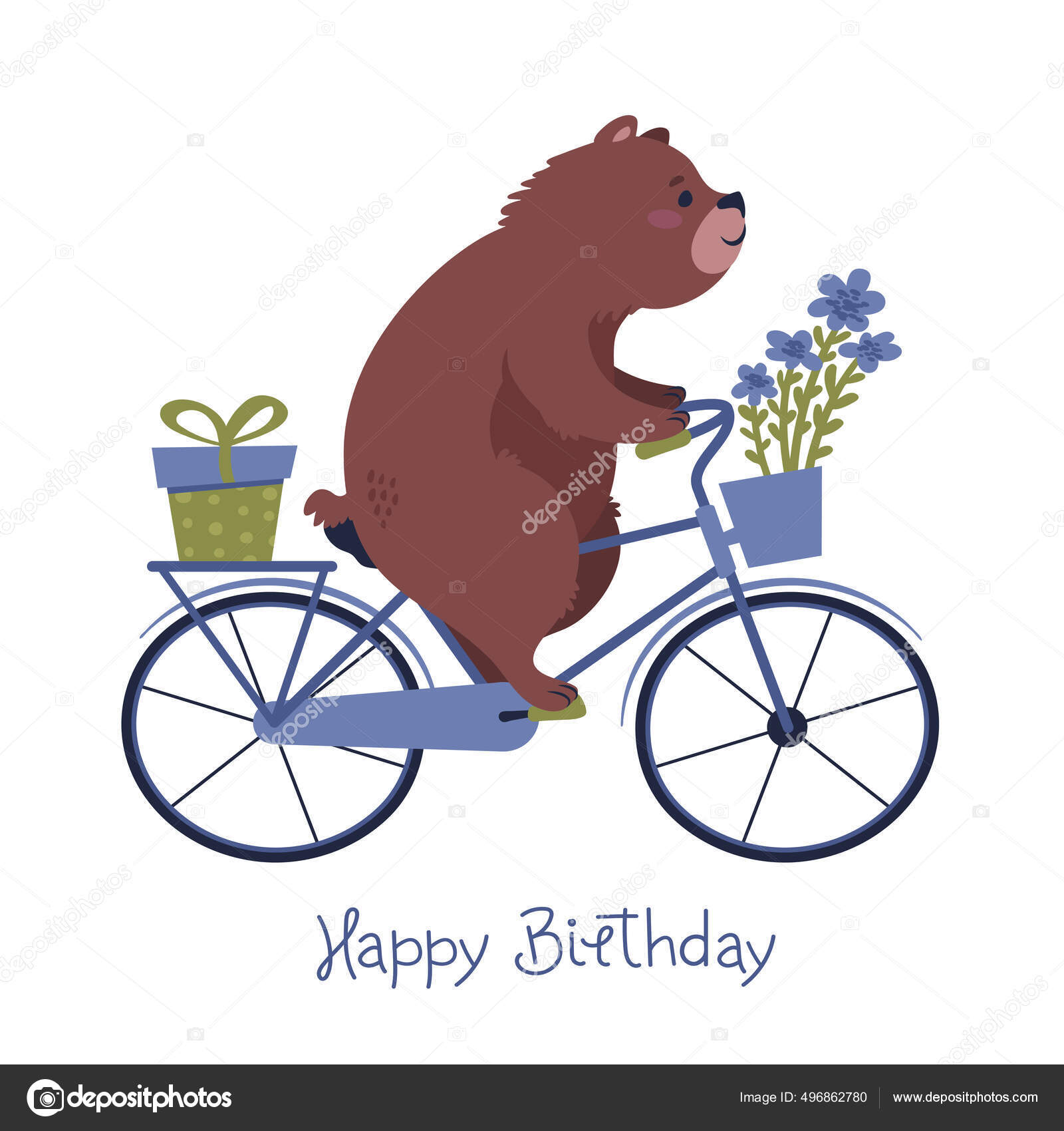 Gratulerer med fødselsdagen med en bjørn på sykkel med en gave og blomster.  stockvektor © foxfinitive #496862780, image size:1600x1700