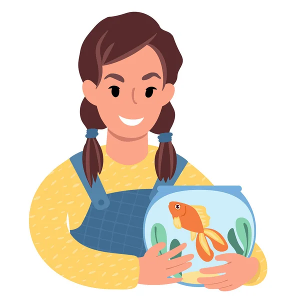 Chica caucásica con un pez dorado mascota. Estilo plano Ilustración — Vector de stock