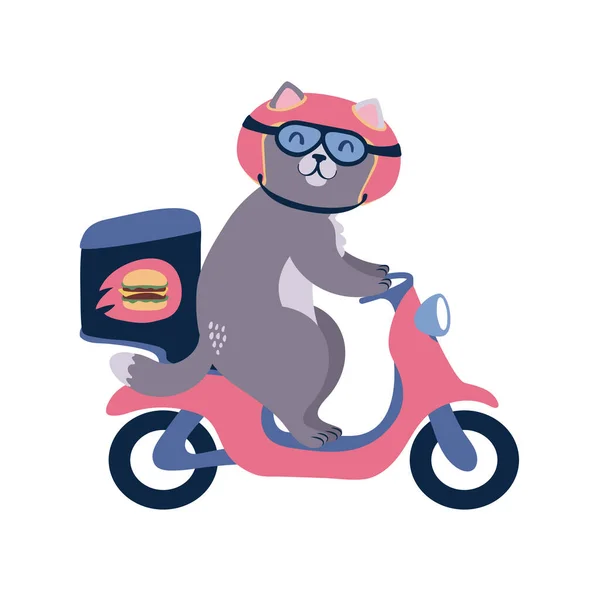 Kot dostawczy jedzenia na motocyklu. Ilustracja wektora izolowana na białym. — Wektor stockowy