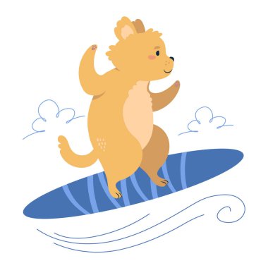 Sörf tahtasında beyaz köpek sörfçüsü. Düzenlenebilir vektör illüstrasyonu