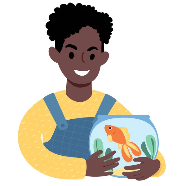 Африканский мальчик с золотой рыбкой. Плоский стиль — стоковый вектор