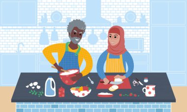 Birlikte yemek pişiren mutlu son sınıf çifti. Düz biçim vektör illüstrasyonu.