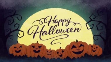 Cadılar Bayramı için canlı tebrik kartı. Oyulmuş balkabaklarının üzerinde yükselen ay Cadılar Bayramınız kutlu olsun..