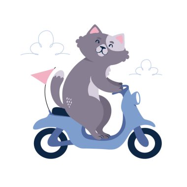 Motosikletli bir kedi. Sevimli hayvan karakter vektörü çizimi.