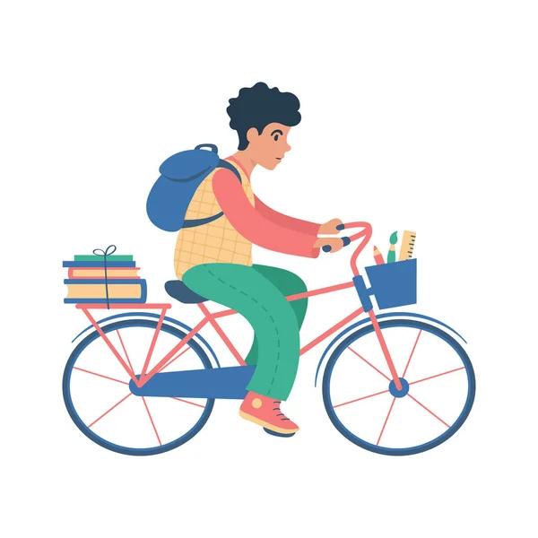 Un ragazzo che va a scuola in bicicletta. illustrazione in stile piatto. Vettoriale Stock