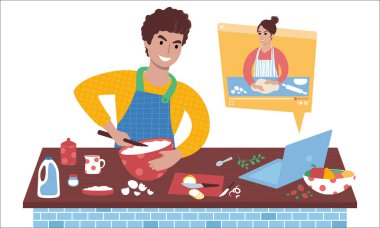 Yemek videolarından internetten yemek yapmayı öğreniyor. düz biçim illüstrasyonu