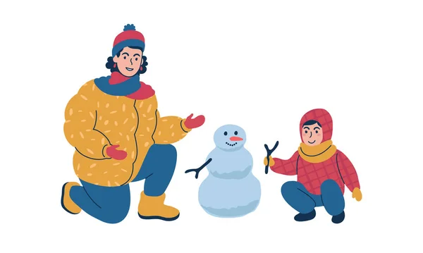 Eltern basteln im Winter gemeinsam mit Kindern einen Schneemann. Isolierte Vektorillustration. Stockillustration